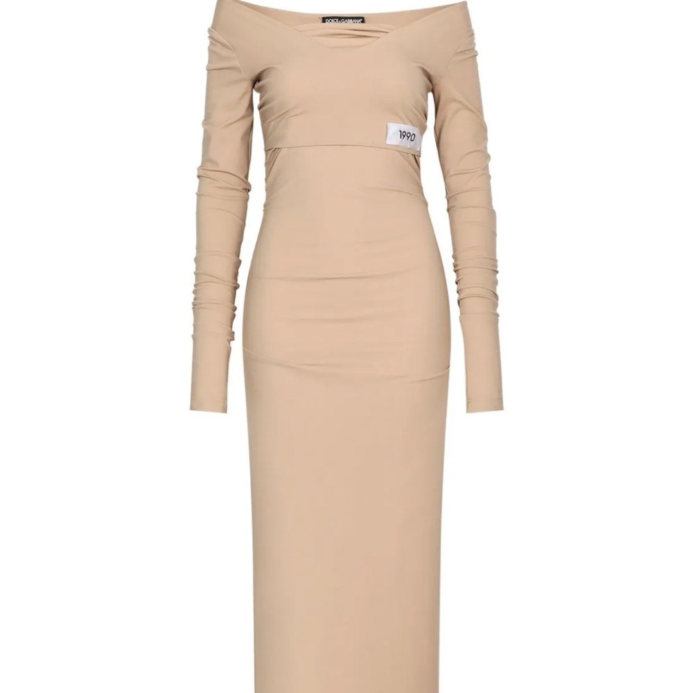 Dolce & Gabbana Tan Off-Shoulder Bodycon Midi Dress